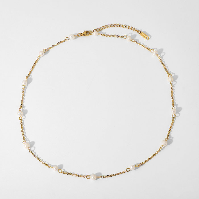 Nuevo collar de cadena de perlas de acero inoxidable chapado en oro de 18 quilates