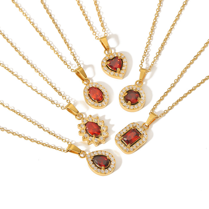Elegante Retro-Halskette mit viereckigem herzförmigem Edelstahlüberzug und Inlay aus Zirkon mit 18-karätigem Goldüberzug