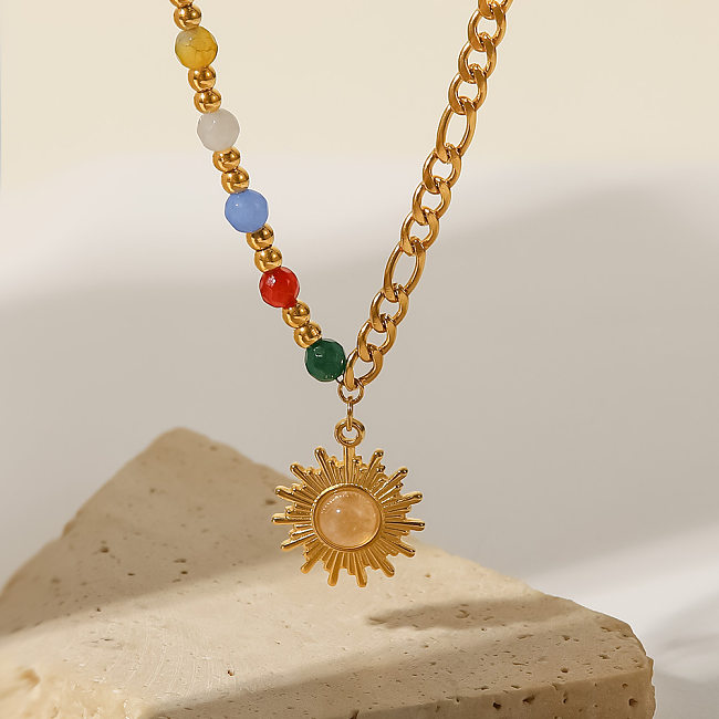 Fashion Sun Stainless Steel  Pendant Necklace Gold Plated Inlay Opal Stainless Steel  Necklaces