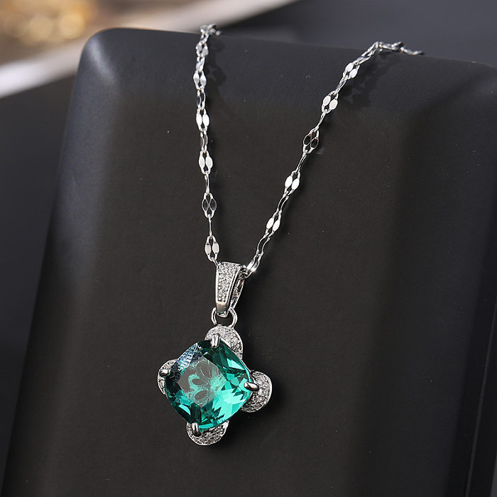 Elegant Retro Square Stainless Steel Inlay Zircon 18K Gold Plated Pendant Necklace