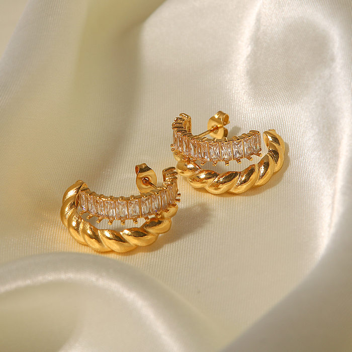 Glamouröse geometrische Edelstahl-Ohrringe mit vergoldetem Zirkon, 1 Paar