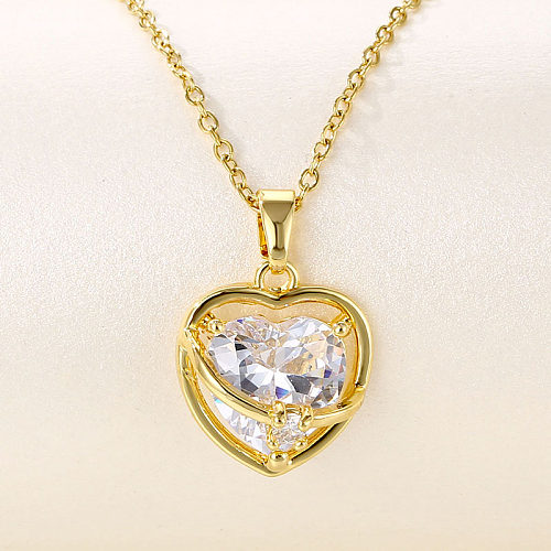 Elegante formato de coração chapeamento de aço inoxidável oco incrustação de zircão colar com pingente banhado a ouro 18K