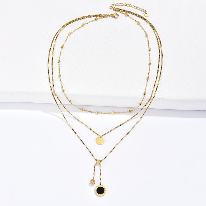 Edelstahl vergoldet 14K Gold Mode Persönlichkeit runde römische Ziffern schwarze Muschel dreischichtige Halskette
