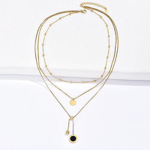 Edelstahl vergoldet 14K Gold Mode Persönlichkeit runde römische Ziffern schwarze Muschel dreischichtige Halskette