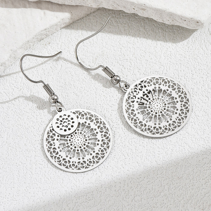 1 Pair Vintage Style Round Flower Stainless Steel  Hollow Out Drop Earrings