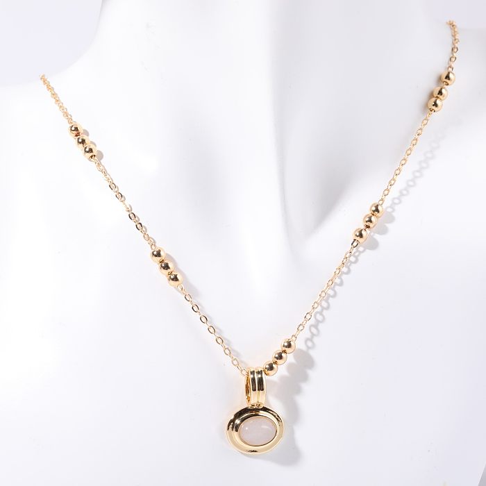 Lässiger, einfacher Stil, ovale Halskette mit Anhänger, Edelstahl-Beschichtung, künstliche Edelsteine, 18 Karat vergoldet