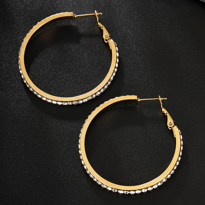 1 Pair Modern Style Shiny Round Stainless Steel  Plating Inlay Rhinestones 18K Gold Plated Hoop Earrings