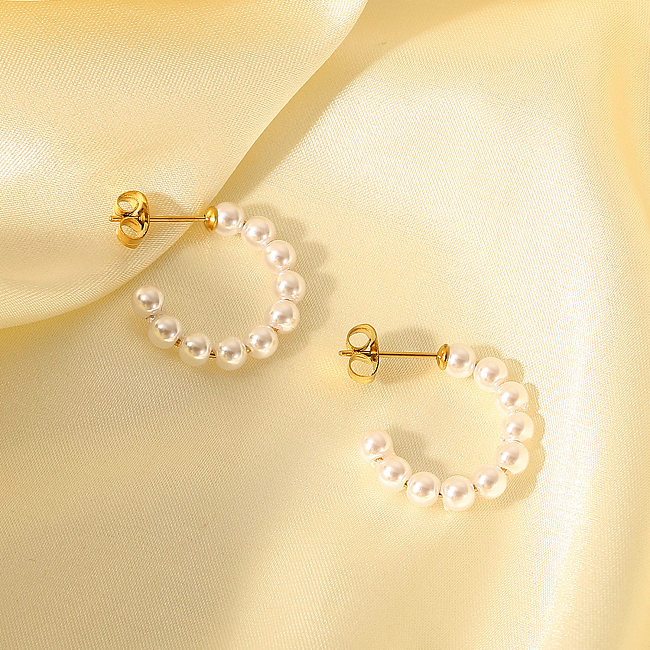 Boucles d'oreilles créoles en acier inoxydable en forme de C avec perles simples à la mode