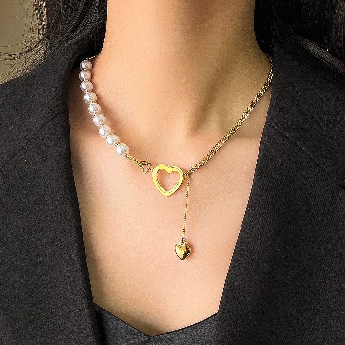 Collier pendentif plaqué or 18 carats en acier inoxydable avec perles d'imitation en forme de cœur élégant