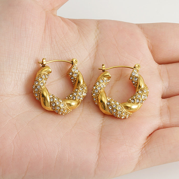 Lady Round Stainless Steel  Gold Plated Rhinestones Earrings 1 Pair