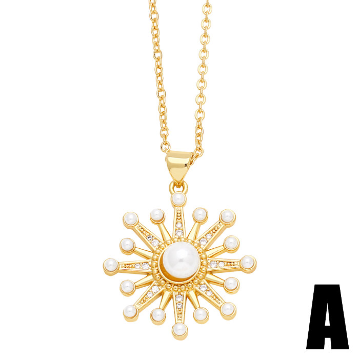 Modern Style Moon Flower Stainless Steel  Copper Plating Inlay Beads Zircon 18K Gold Plated Pendant Necklace