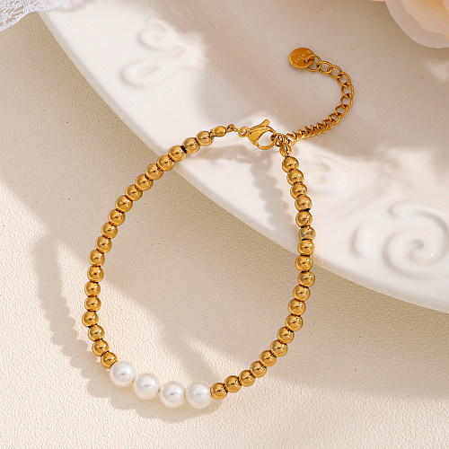 Elegant Luxurious Shiny Color Block Stainless Steel Imitation Pearl Plating 18K Gold Plated Bracelets
