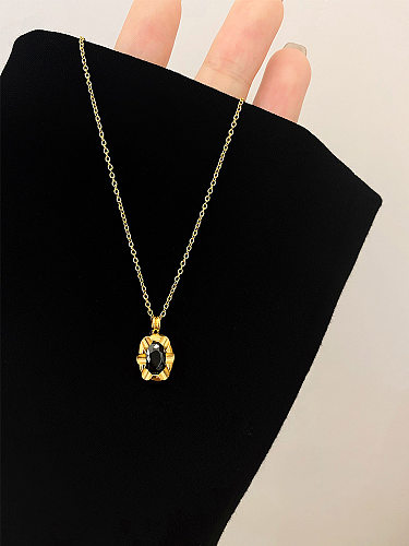 IG Style Square Stainless Steel Plating Inlay Artificial Gemstones 18K Gold Plated Pendant Necklace