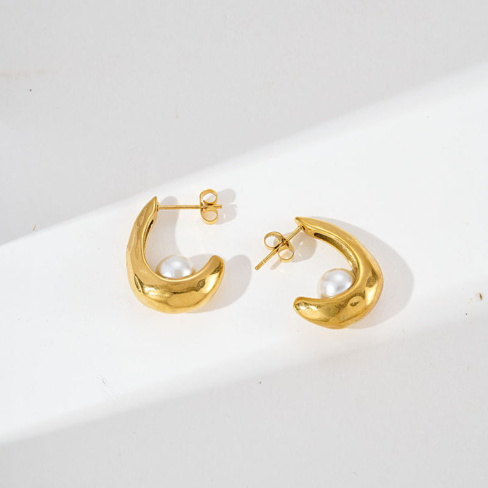 1 par de estilo moderno artístico comute em forma de U chapeamento incrustado de aço inoxidável pérola brincos banhados a ouro