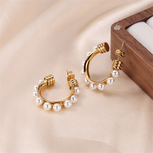 1 Pair Lady Classic Style Geometric Plating Inlay Stainless Steel  Pearl Gold Plated Ear Studs