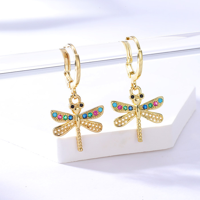 Fashion Geometric Copper Plated 18K Gold Colored Zircon Dragonfly Earrings