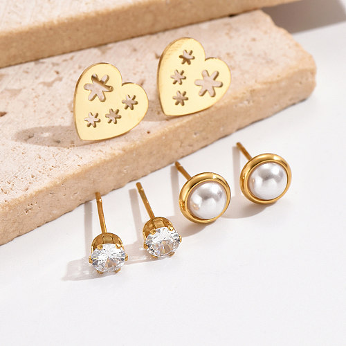 3 Pairs Sweet Simple Style Heart Shape Plating Hollow Out Inlay Stainless Steel  Zircon 14K Gold Plated Ear Studs