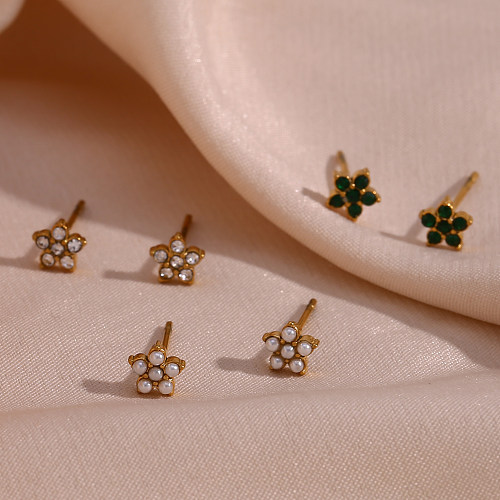 1 Paar elegante, schlichte Ohrstecker mit Blumen-Edelstahl-Beschichtung, Intarsien, Strasssteinen und Perlen, 18 Karat vergoldet