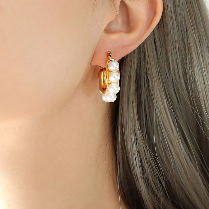 Boucles d'oreilles créoles en forme de U, Style romain, en acier inoxydable, plaqué or 1 carats, avec perles, vente en gros, 18 paire