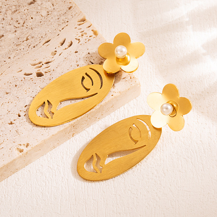 1 Paar elegante übertriebene Blätter-Blumen-Edelstahl-Tropfenohrringe mit dreidimensionaler, ausgehöhlter Perle und 18 Karat vergoldet