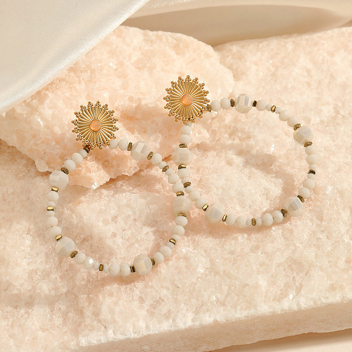 Ethnische Stil Kreis Sonne Edelstahl Perlen handgemachte Inlay Naturstein Tropfen Ohrringe 1 Paar