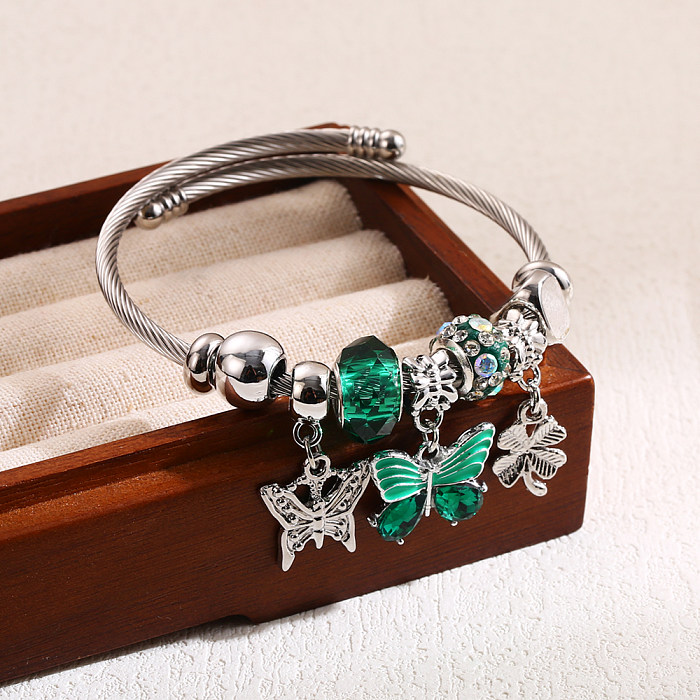 Bracelet élégant et mignon en forme de cœur, trèfle à quatre feuilles, papillon, en alliage d'acier inoxydable, incrustation de perles et de strass