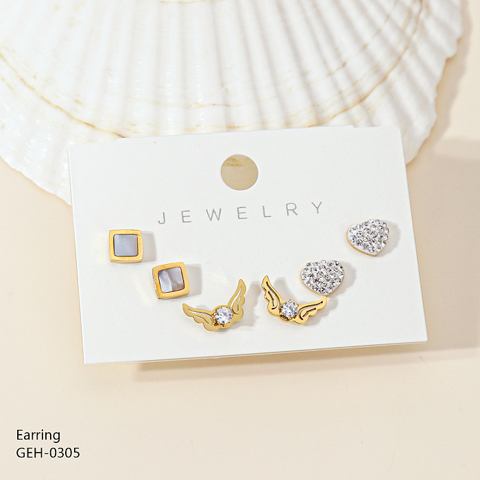 3 pares de pendientes chapados en plata con incrustaciones de alas en forma de corazón de estilo simple, diamantes de imitación de acero inoxidable, concha de ópalo, chapado en oro rosa