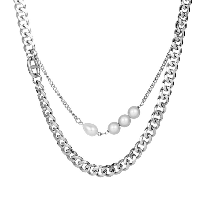 Hip-Hop Simple Style Solid Color Stainless Steel Pearl Chain Necklace