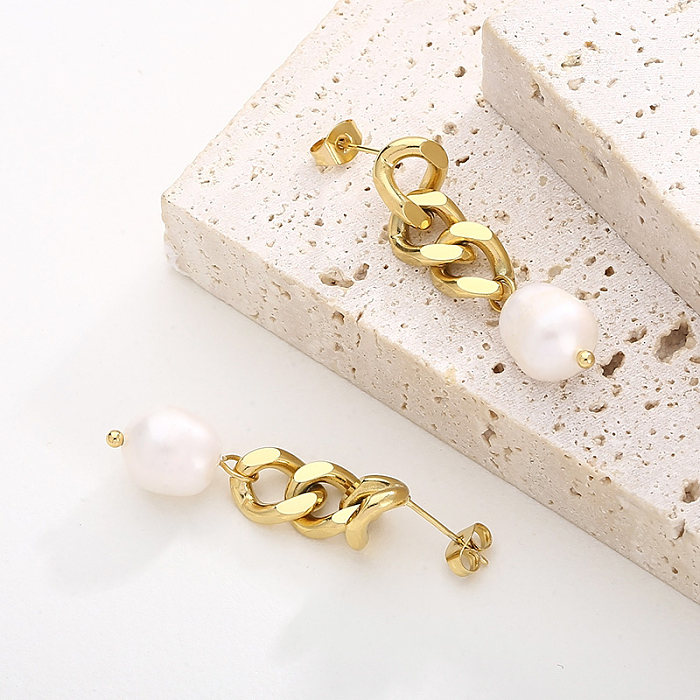 1 paire de boucles d'oreilles pendantes en acier inoxydable plaqué or 18 carats, chaîne de Style Simple et de Style moderne