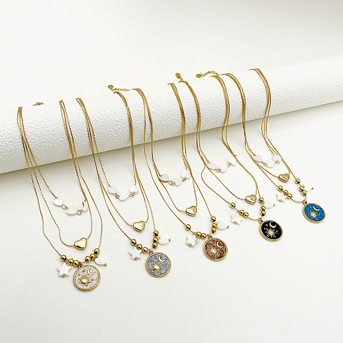 IG Style Schlichter Stil, Sonne, Mond, Herzform, Edelstahl, Emaille-Beschichtung, vergoldet, dreilagige Halskette