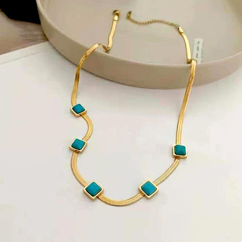 Collier carré en acier inoxydable avec incrustation de turquoise, style simple, 1 pièce