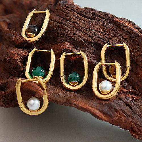 Boucles d'oreilles géométriques à la mode, placage en acier inoxydable, perles artificielles, pierre naturelle, 1 paire