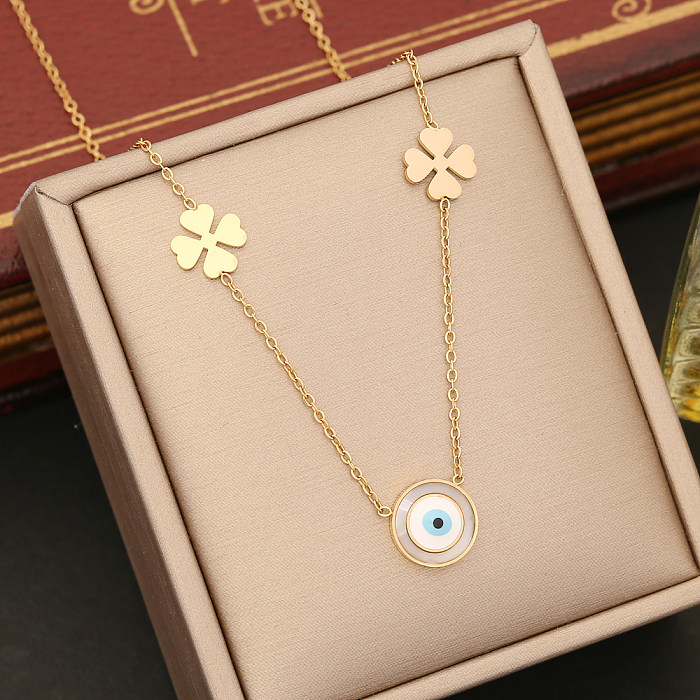 IG Style Four Leaf Clover Eye Snowflake Stainless Steel  Enamel Plating Necklace