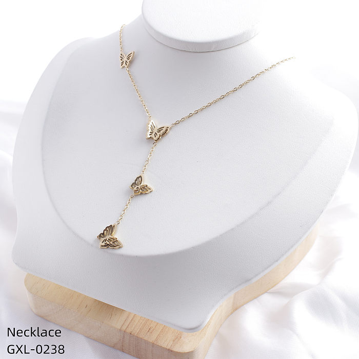 Sweet Flower Butterfly Stainless Steel  Plating Inlay Rhinestones Zircon Gold Plated Necklace