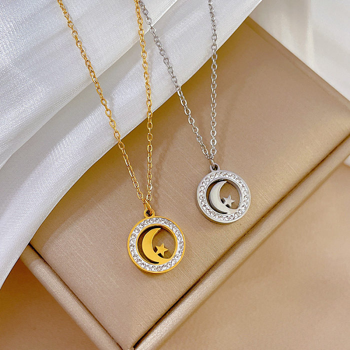 Simple Style Classic Style Moon Stainless Steel Plating Inlay Artificial Gemstones Gold Plated Pendant Necklace