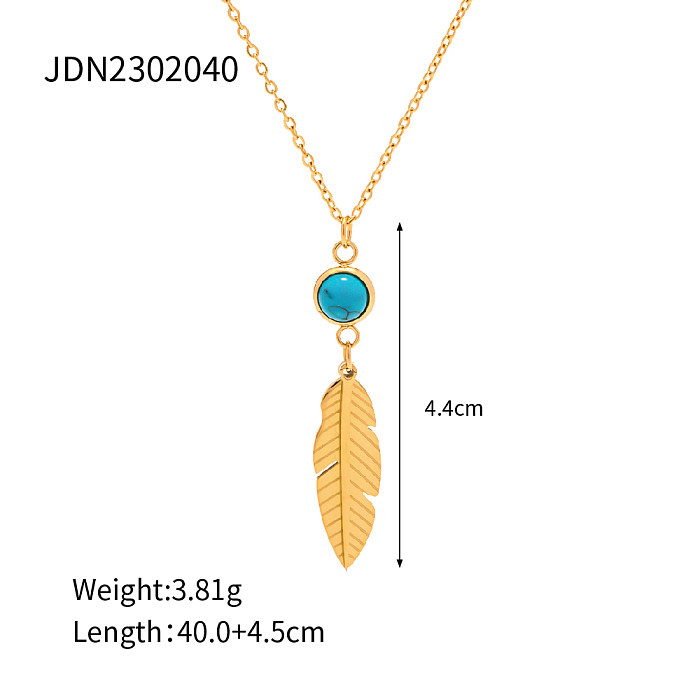 Retro Feather Stainless Steel  Inlay Turquoise Necklace 1 Piece