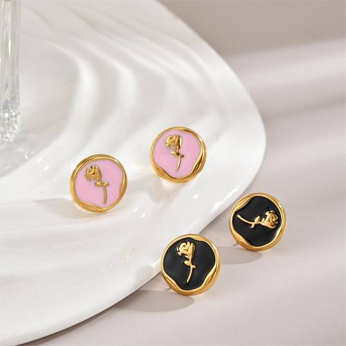 1 Pair IG Style Luxurious Artistic Rose Enamel Plating Stainless Steel  18K Gold Plated Ear Studs