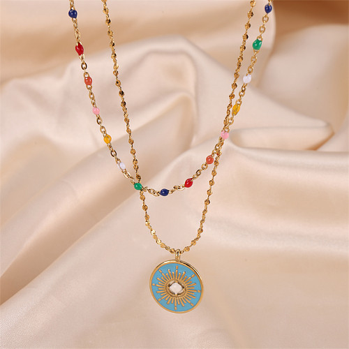 IG Style Elegante, doppellagige Halsketten im französischen Stil mit geometrischer Edelstahl-Emaille-Beschichtung und 18-Karat-Vergoldung