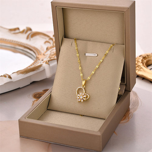 Fashion Heart Shape Flower Stainless Steel Plating Inlay Rhinestones Pendant Necklace 1 Piece