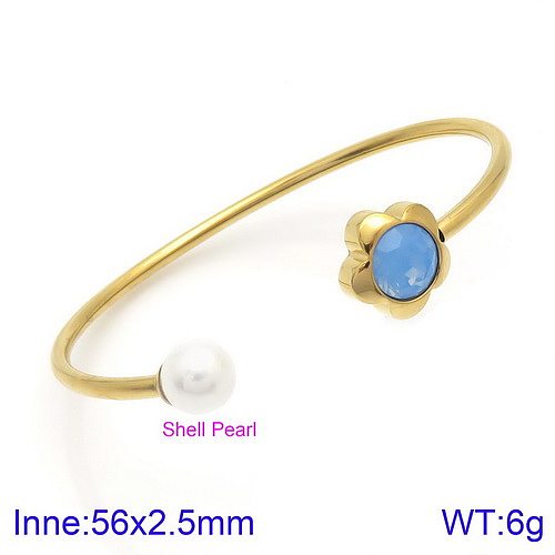 Modern Style Sweet Flower Stainless Steel Titanium Steel Plating Inlay Artificial Gemstones Pearl 18K Gold Plated Bangle