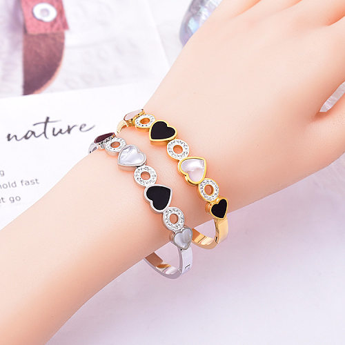 Retro Round Heart Shape Titanium Steel Inlaid Shell Rhinestones Bangle