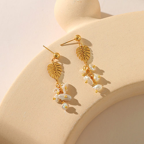 Modische Tropfen-Ohrringe mit Blättern und Blumen aus Edelstahl mit Perlenbeschichtung, 1 Paar