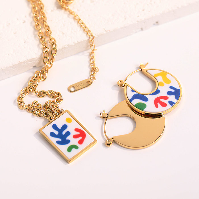 Simple Enamel Color Retro Abstract Square Necklace Round Card Stainless Steel  Earrings Set