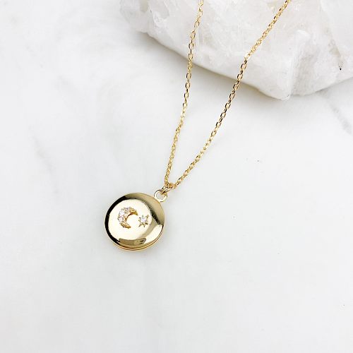 Collier avec pendentif en diamant artificiel, plaqué acier inoxydable, étoile et lune, à la mode