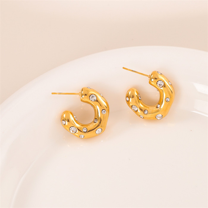 1 Pair Casual Simple Style C Shape Plating Inlay Stainless Steel  Stainless Steel Rhinestones 18K Gold Plated Ear Studs