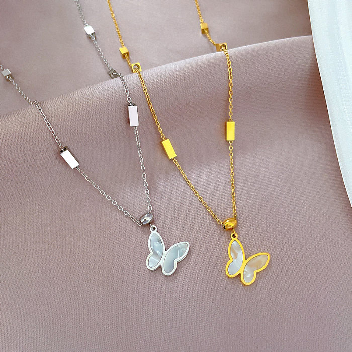 Lady Butterfly Stainless Steel Plating Inlay Shell Pendant Necklace