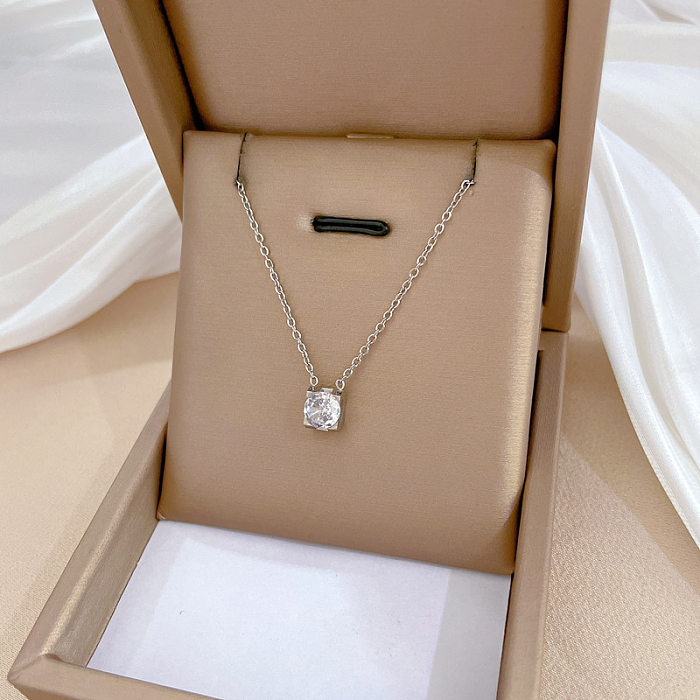 Modern Style Simple Style Commute Square Stainless Steel Inlay Zircon Pendant Necklace