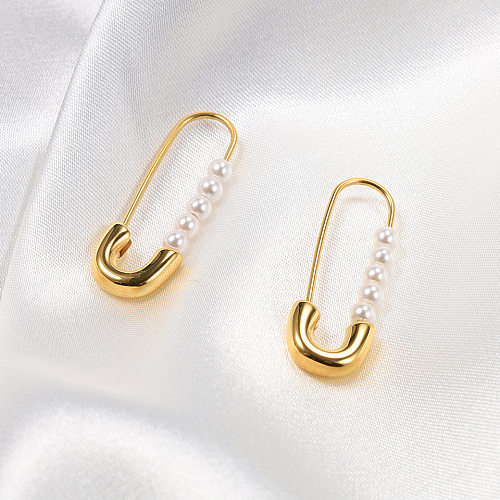 1 Pair Elegant Paper Clip Stainless Steel  Inlay Artificial Pearls Earrings