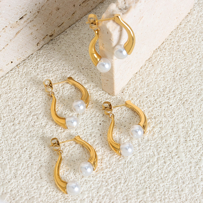 1 par de pendientes elegantes chapados en oro de 18 quilates de acero inoxidable con perlas de imitación de Color sólido estilo barroco elegante