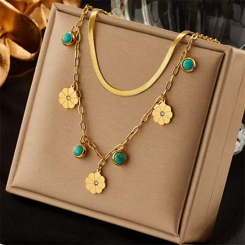 Elegant Lady Flower Stainless Steel Plating Inlay Turquoise Layered Necklaces
